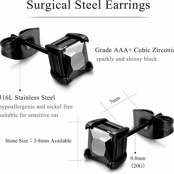 316L Stainless Steel Black Stud Earrings - Hypoallergenic CZ for All Occasions - Picture 2 of 7